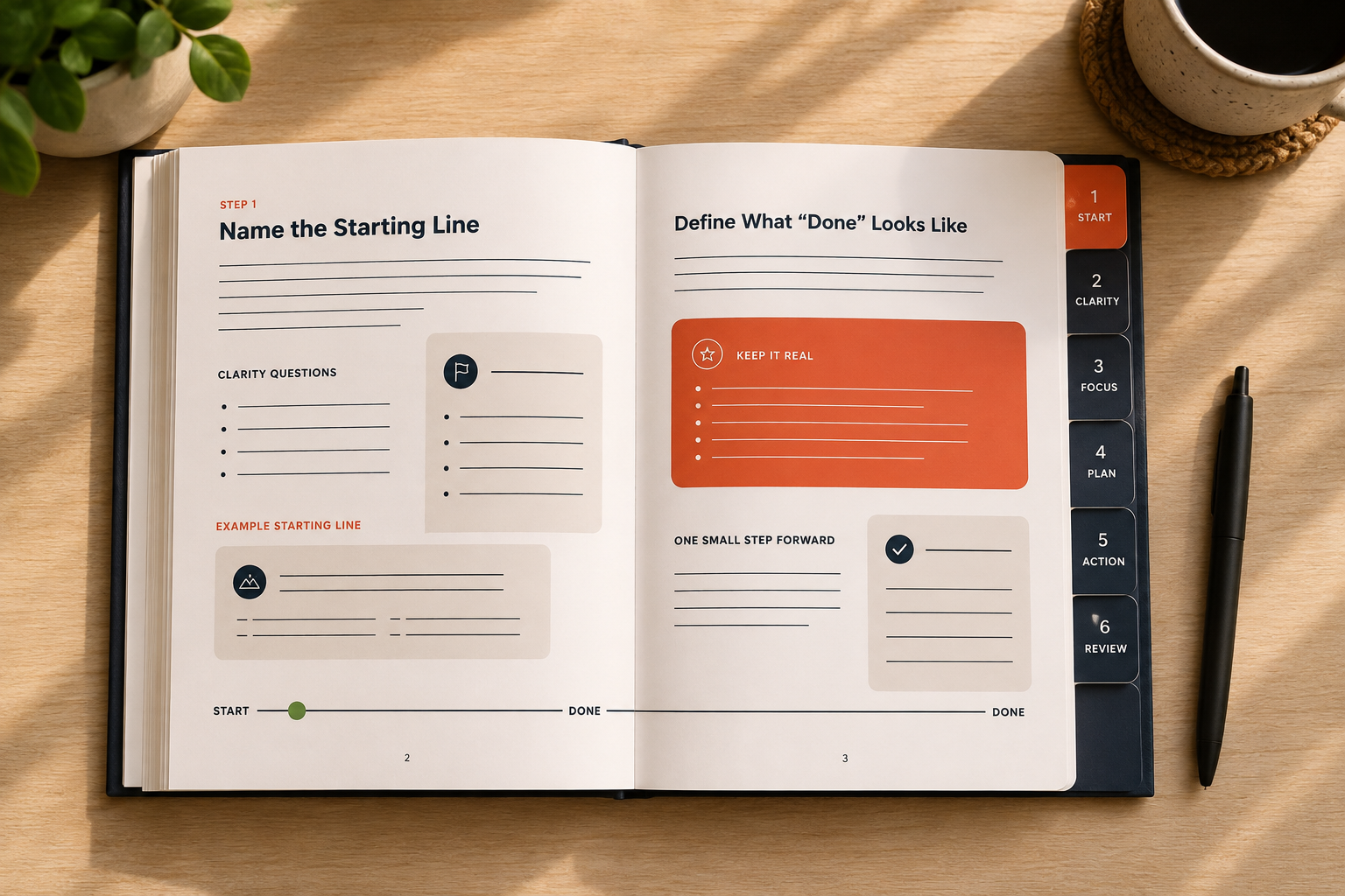 The Just Start System open workbook on a desk