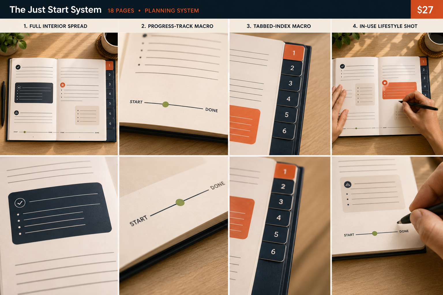 The Just Start System workbook spreads showing progress tracking, tabbed index, and in-use pages